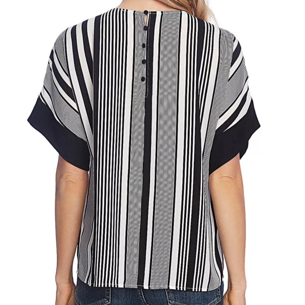 NEW Vince Camuto Women Variegated Vertical Stripes Ruched Kimono Sleeve Tee - Picture 3 of 6